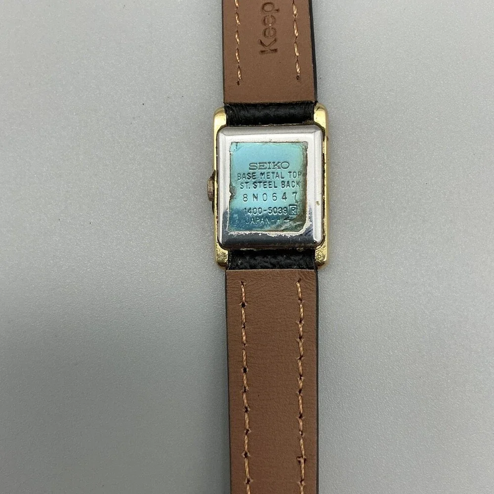 Vintage Seiko Womens Watch 17mm Gold Tone Black Leather 1400-5039 New Battery